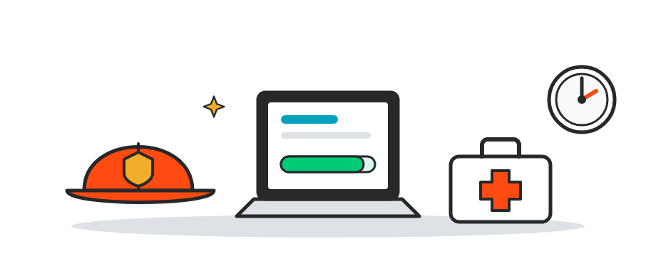 A firefighter helmet, a grant portal that is almost full, a first-aid kit and a clock at two.