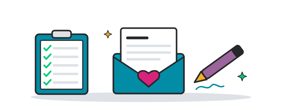 A checklist, a thank-you letter with a heart, and a pen.
