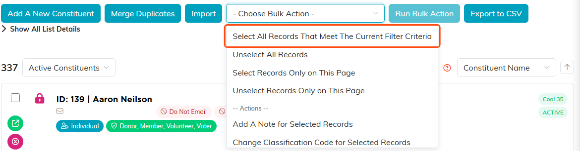 The Constituent List toolbar with the Choose Bulk Action list open and Select All Records That Meet The Current Filter Criteria outlined in orange.