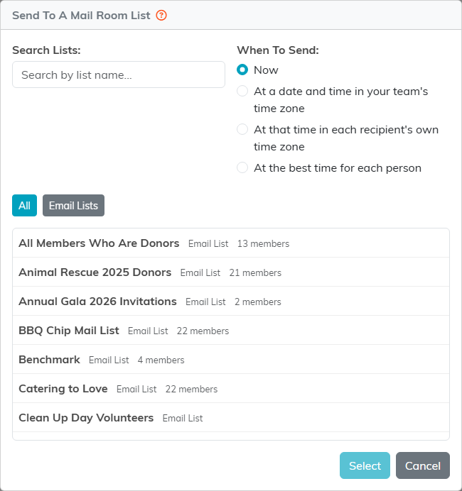 The Send To A Mail Room List window, with Search Lists, the When To Send choices, the All and Email Lists tabs, the lists and the Select button.