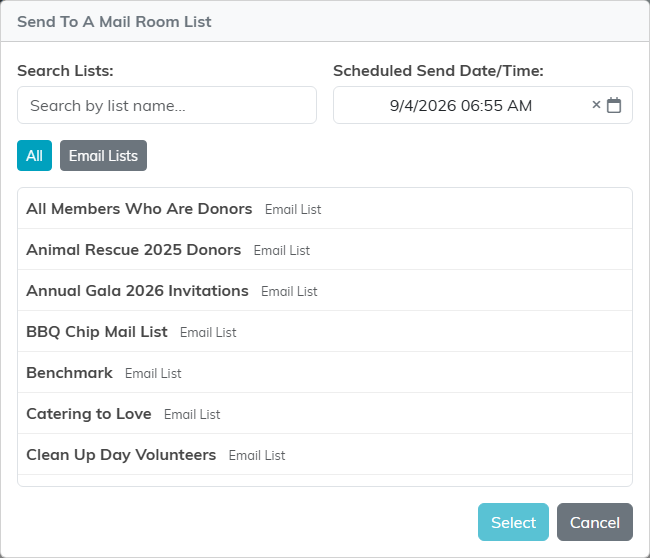 The Send To A Mail Room List window, showing the Search Lists box, the Scheduled Send Date and Time field, the All and Email Lists tabs, the available lists, and the Select button.