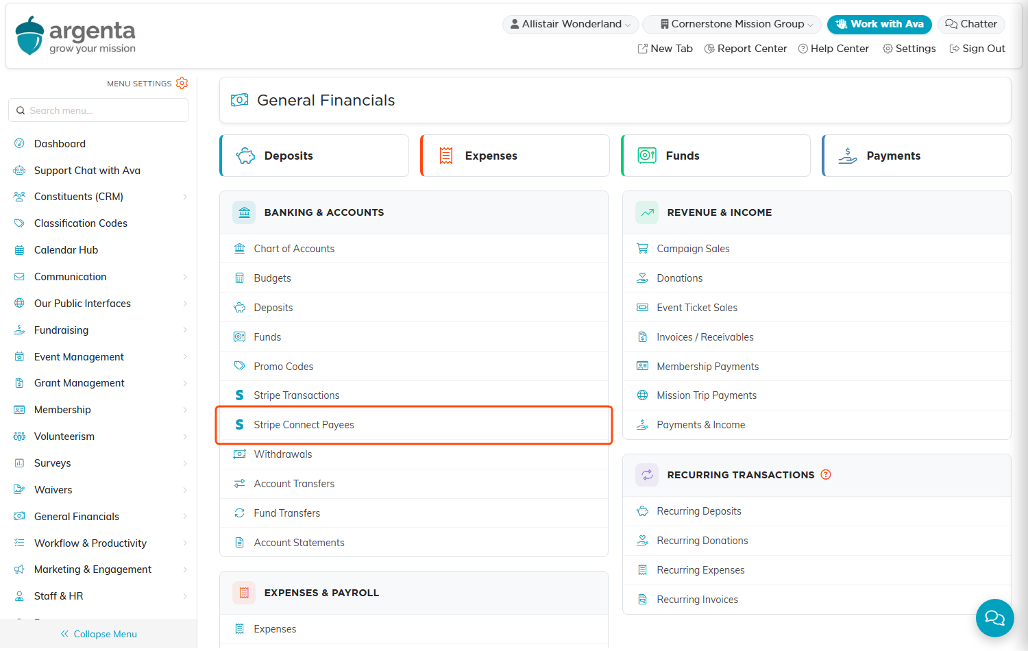 The General Financials page with Stripe Connect Payees highlighted in the Banking and Accounts list