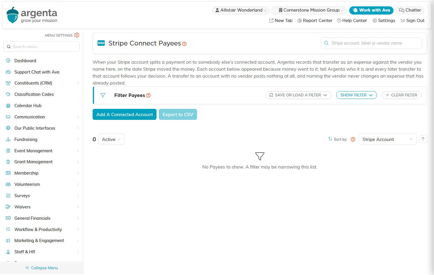 The Stripe Connect Payees page showing the search box, the filter bar, the Add A Connected Account button, and an empty payee list