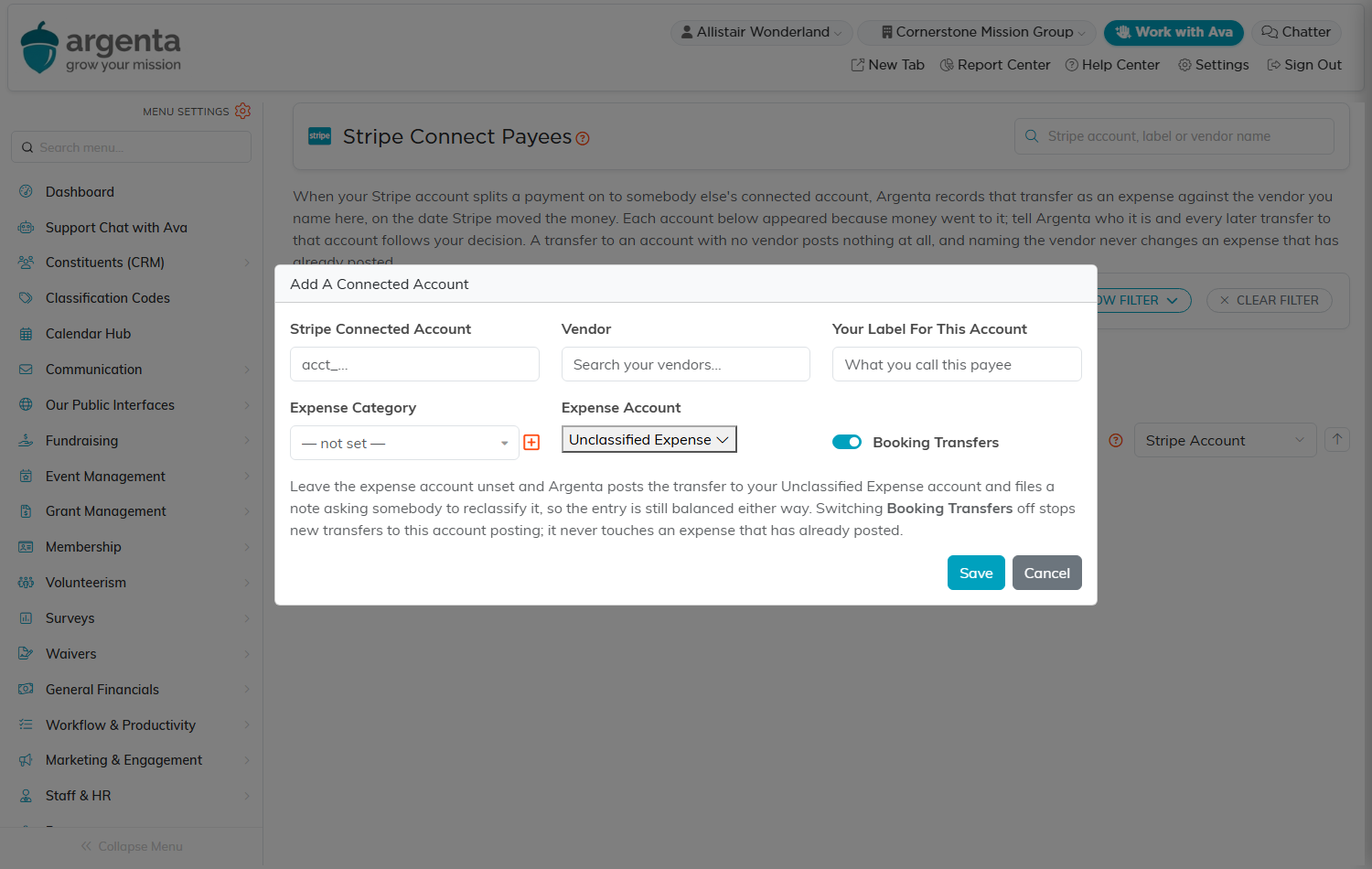 The Add A Connected Account window showing the Stripe Connected Account, Vendor, Your Label For This Account, Expense Category, and Expense Account fields with the Booking Transfers switch