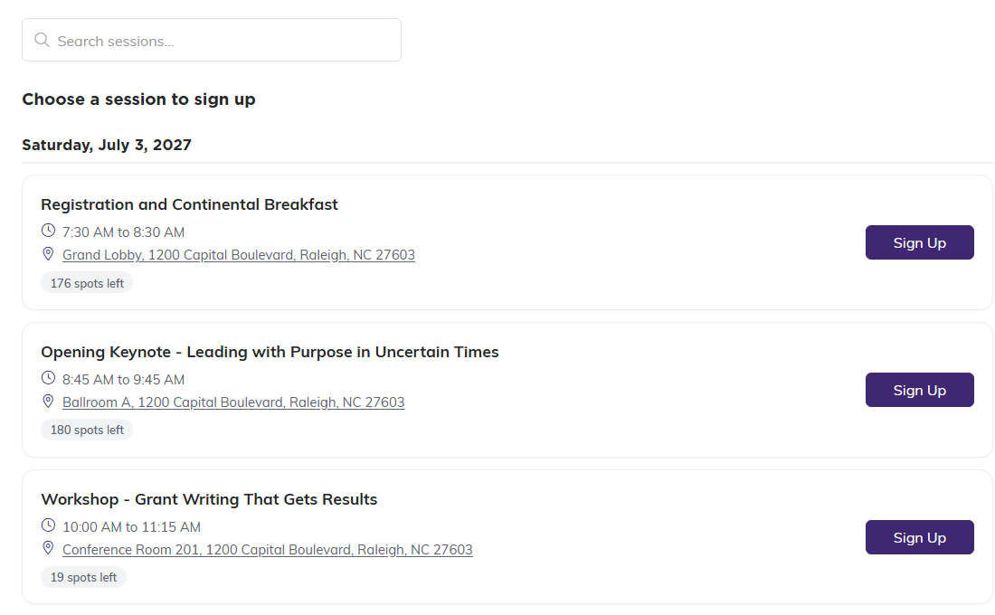 The public sign-up form listing a conference's sessions under their date, each with its time, room and address, spots left and a Sign Up button