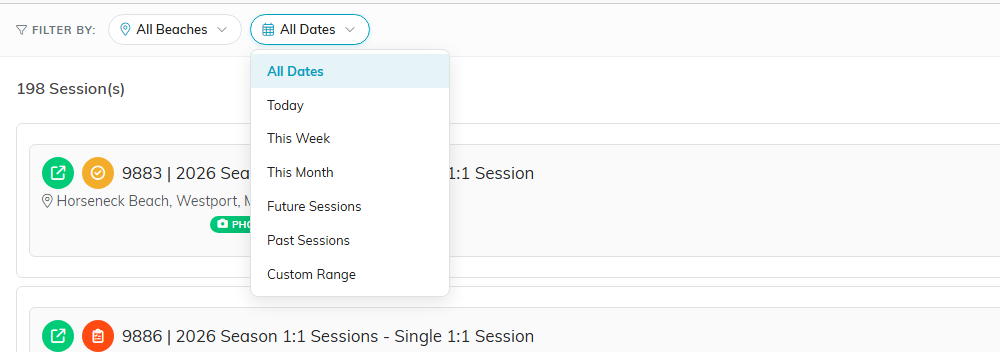 The date pill open, listing All Dates, Today, This Week, This Month, Future Sessions, Past Sessions and Custom Range