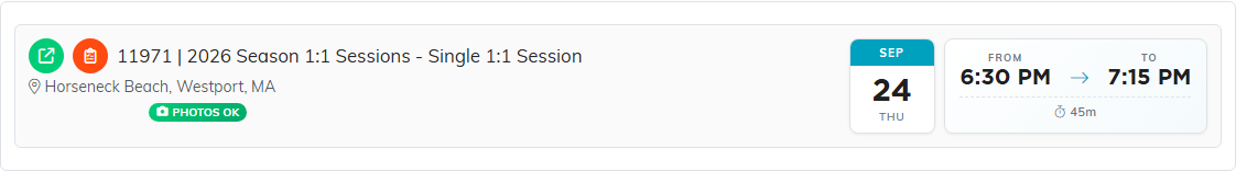 A single session row showing the session number and name, the location, the photo-permission pill, the date tile, the FROM and TO times and the session length