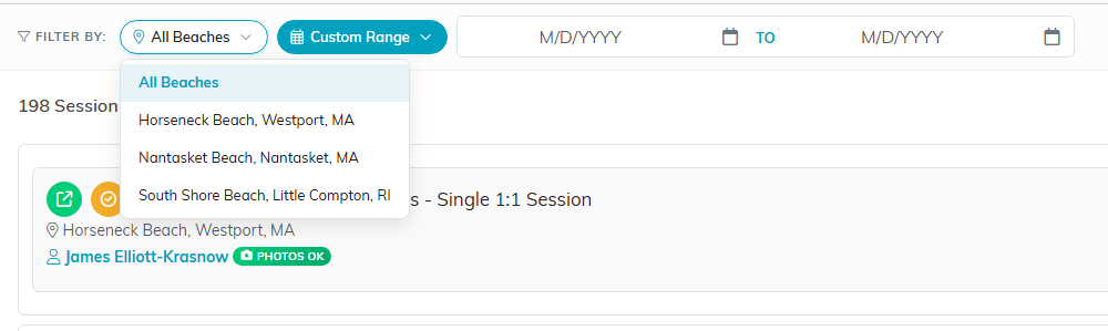 The location pill open, listing All Beaches and each beach the instructor has sessions at