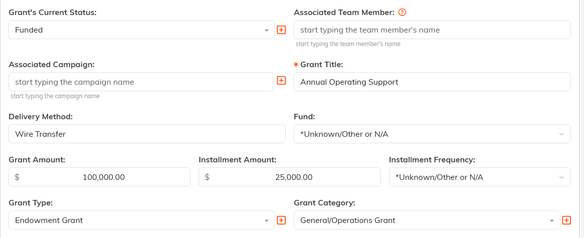 The top of the Grant Details tab showing Grant's Current Status, Associated Team Member, Associated Campaign, Grant Title, Delivery Method, Fund, the grant and installment amounts, Grant Type and Grant Category