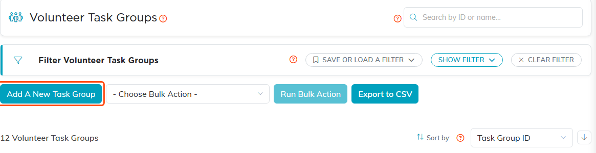 The Volunteer Task Groups list header with the Add A New Task Group button highlighted