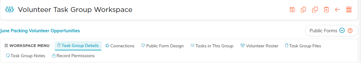 The Volunteer Task Group Workspace header showing the group title and the workspace menu tabs