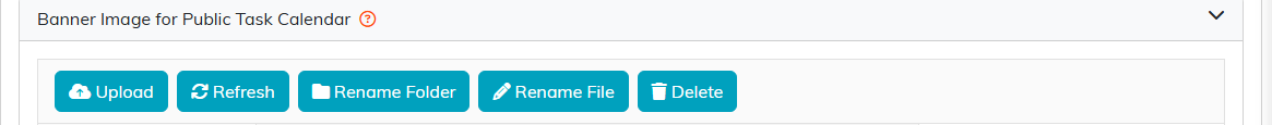 The Banner Image for Public Task Calendar section with its Upload, Refresh, Rename Folder, Rename File and Delete buttons