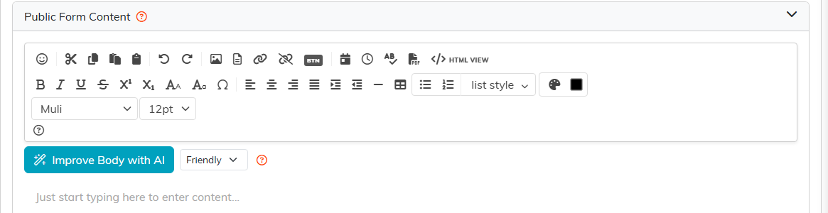 The Public Form Content editor with its formatting toolbar and the Improve Body with AI button