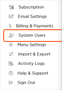 The settings menu with System Users highlighted