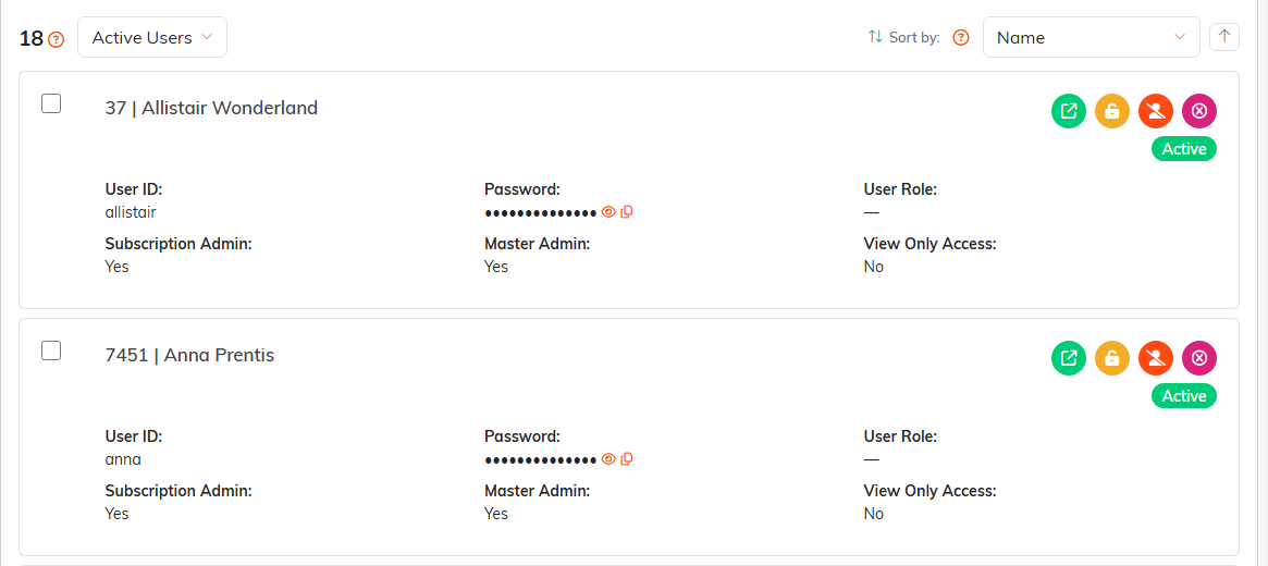 Two user cards in the system user list showing User ID, password, user role and administrator flags