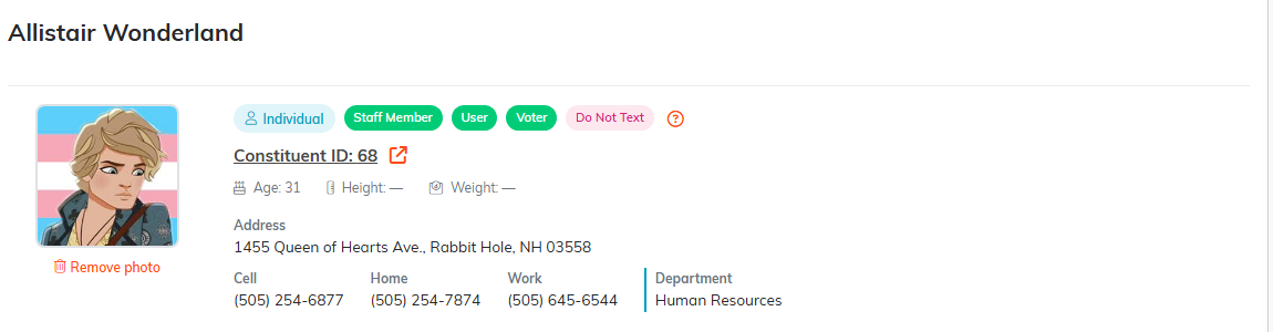 The contact band at the top of User Details, showing the photo, classification pills, Constituent ID link, address, phone numbers and department