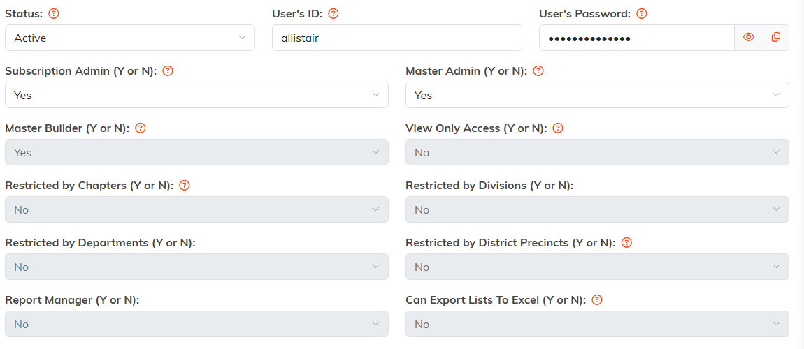 The Status, Users ID and Users Password fields above the Y or N permission dropdowns