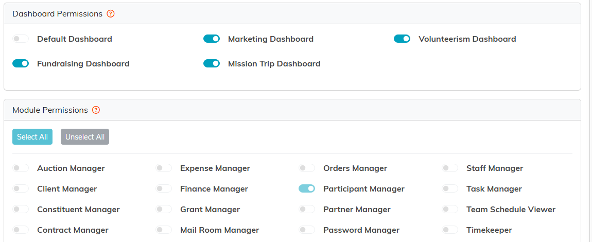 The Dashboard Permissions card above the Module Permissions card with its Select All and Unselect All buttons
