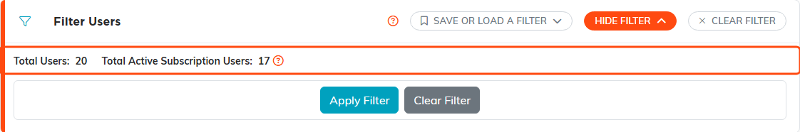 The Filter Users panel on the system user list, with Total Users and Total Active Subscription Users shown on one line and boxed in orange