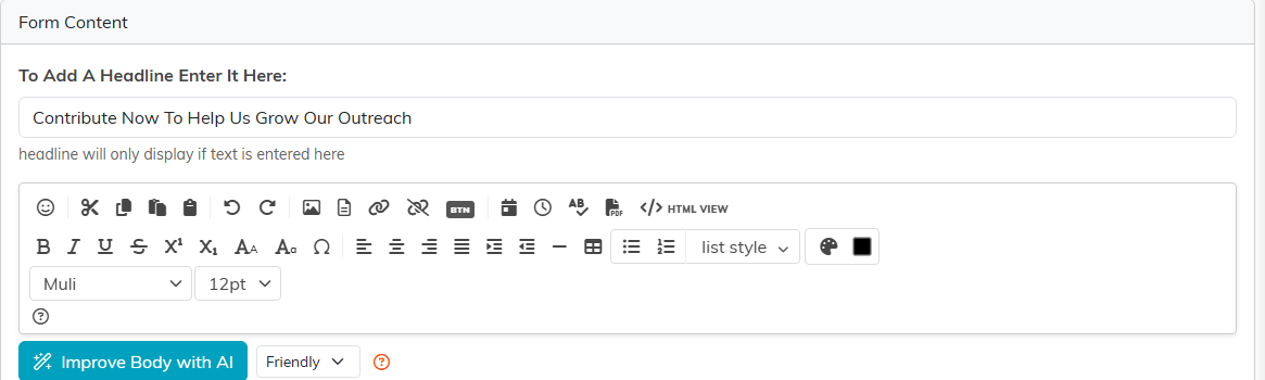 The Form Content section with the headline field and the editor toolbar below it, including the Improve Body with AI button
