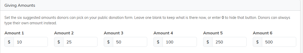 The Giving Amounts section with six dollar fields labeled Amount 1 through Amount 6