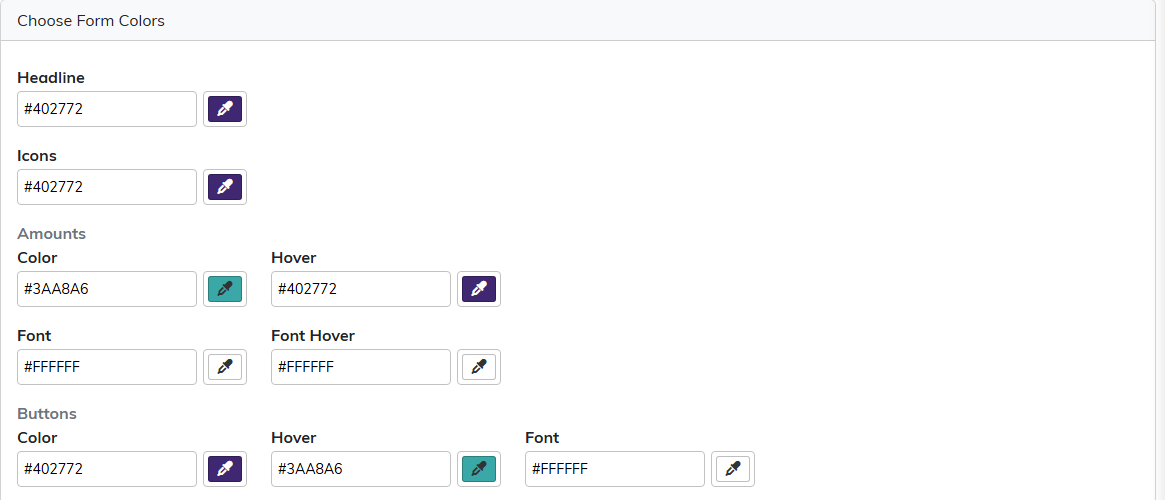 The Choose Form Colors section with hex fields and color pickers for Headline, Icons, the Amounts group and the Buttons group