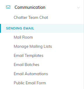 The Communication menu expanded, showing the Sending Email group with Public Email Form as its last item
