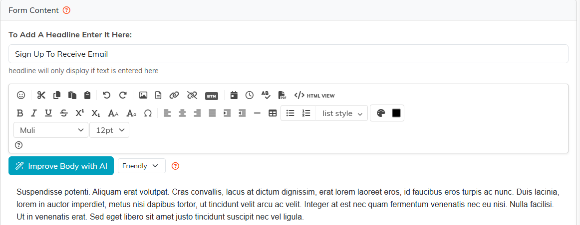 The Form Content section showing the headline field, the body editor toolbar, and the Improve Body with AI button with its tone list