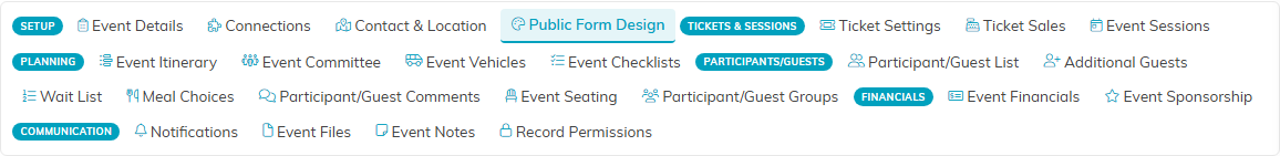 The Event Workspace tab strip with Public Form Design selected under the Setup group