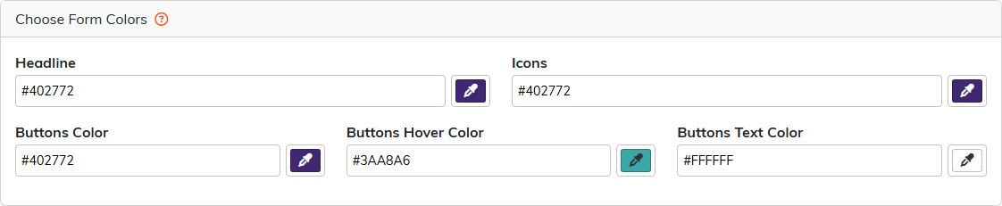 The Choose Form Colors card with color fields for Headline, Icons, Buttons Color, Buttons Hover Color and Buttons Text Color