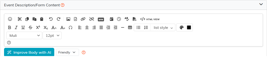 The Event Description/Form Content card open, showing the editor toolbar and the Improve Body with AI button with its tone list