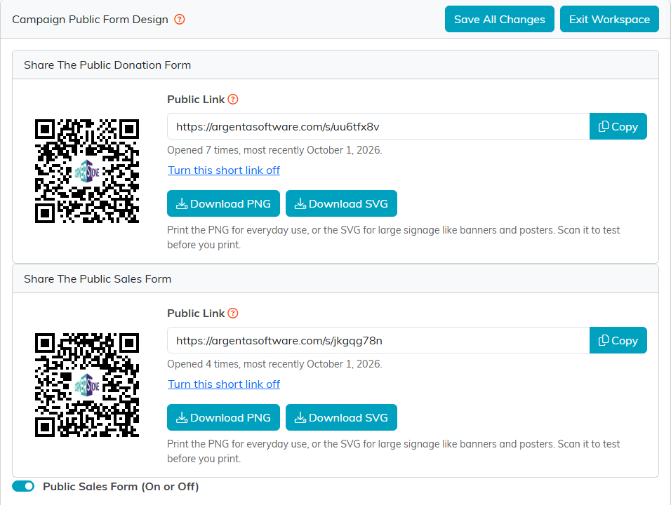 The two share cards, each with a public link, Copy button, open count and QR code, and the Public Sales Form switch below them
