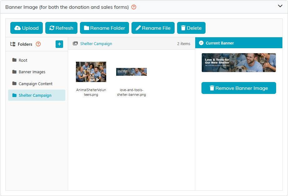 The Banner Image section with the image library on the left and the Current Banner on the right