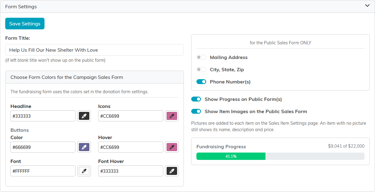 The Form Settings section with the form title, sales form colors, the field switches, and the fundraising progress bar