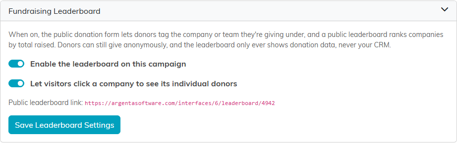 The Fundraising Leaderboard section with both switches on and the public leaderboard link