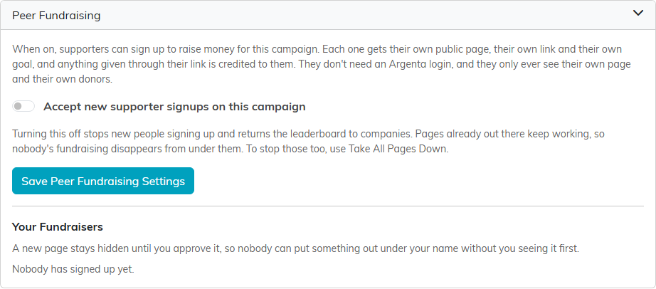 The Peer Fundraising section with the signup switch, its save button, and the Your Fundraisers list