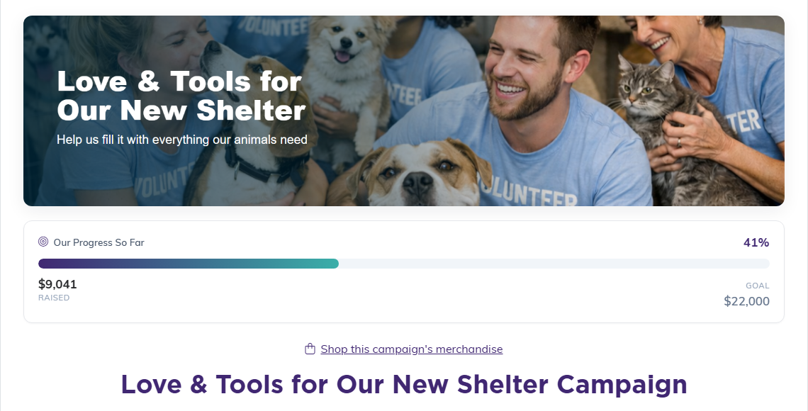 The public donation form with the campaign banner, the progress bar and the campaign title