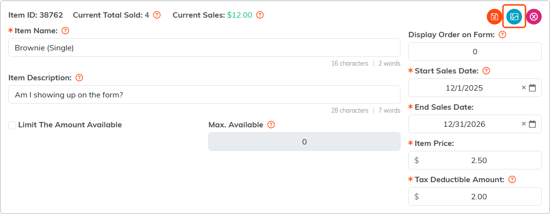 A campaign sale item with the Item Image button marked in its top right corner