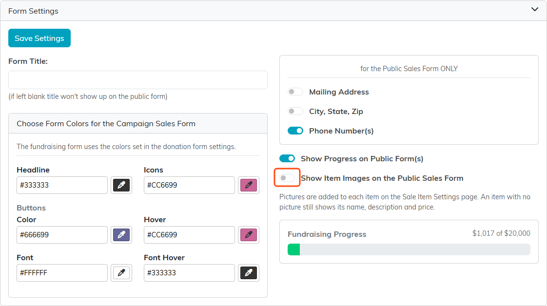 The Form Settings section with the Show Item Images on the Public Sales Form switch marked