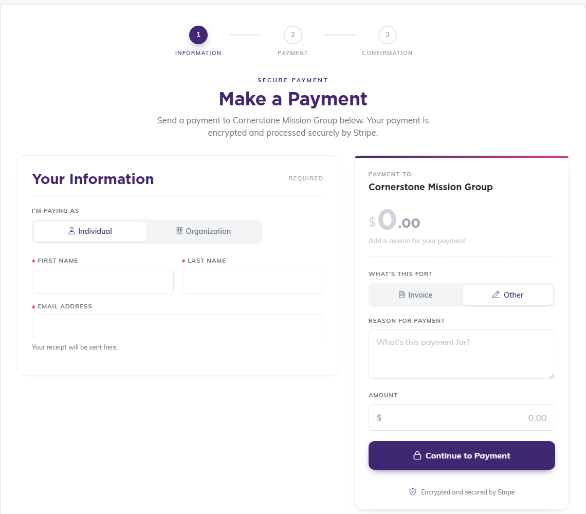 The public payment form showing the three step bar, the Your Information card, and the payment panel beside it