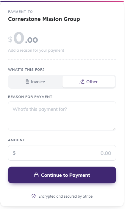 The payment panel with the Invoice and Other buttons, Reason For Payment, Amount and the Continue to Payment button