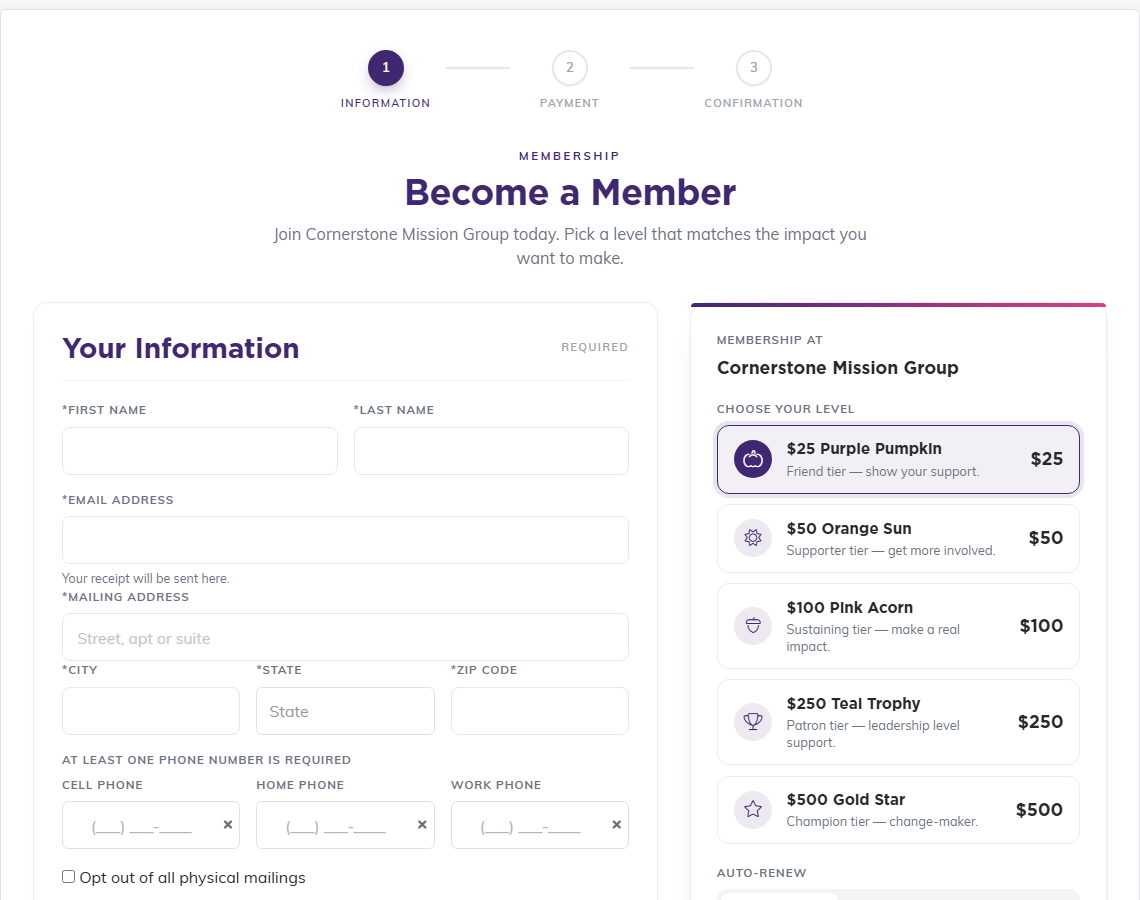 An example membership form showing the three step bar, the Your Information card, and a Choose Your Level list on the right