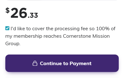 The total with the processing fee added, the ticked box offering to cover the fee, and the Continue to Payment button