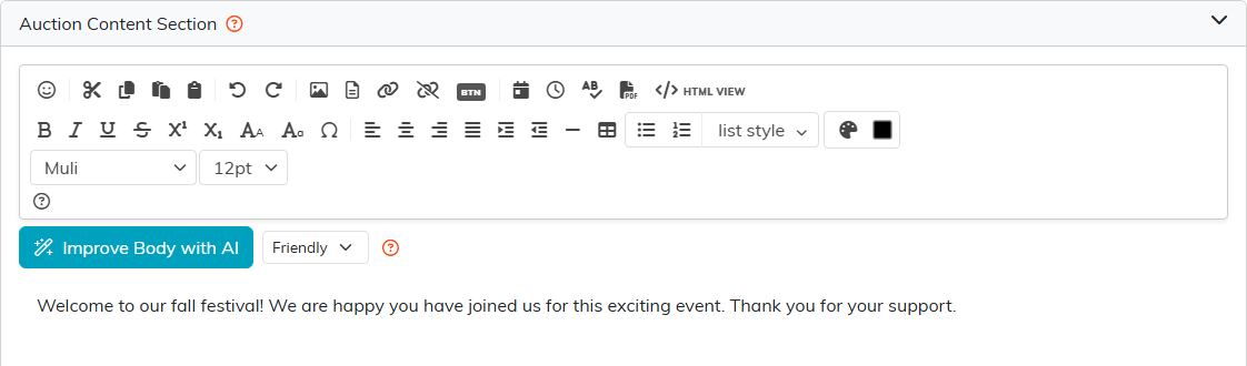 The Auction Content Section with the editor toolbar and the Improve Body with AI button with its tone list