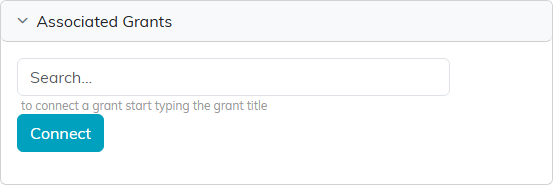 The Associated Grants panel with its search box, the note to start typing the grant title, and the Connect button