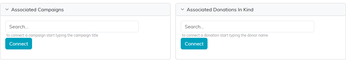 Four connection panels in two columns, each with a search box, a note saying what to type, and a Connect button