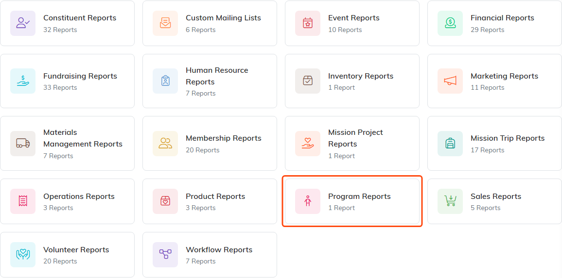 The Report Center, with the Program Reports category outlined in orange