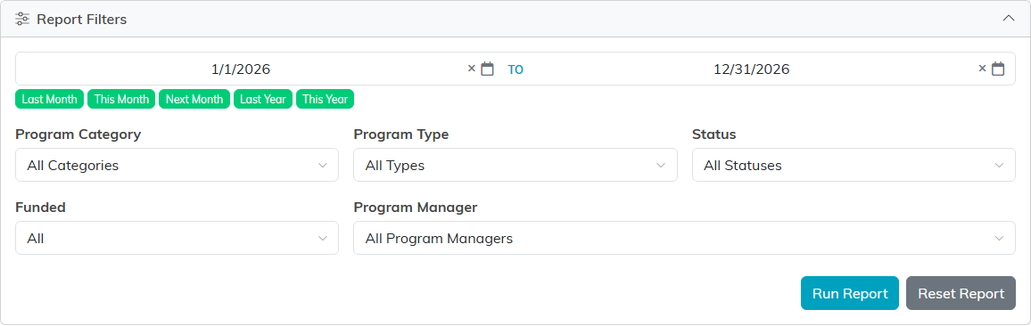 The Report Filters panel, showing the start and end date boxes with quick date buttons above the Program Category, Program Type, Status, Funded and Program Manager filters, and the Run Report button
