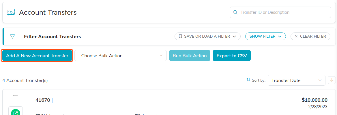 The Account Transfers list with the Add A New Account Transfer button highlighted