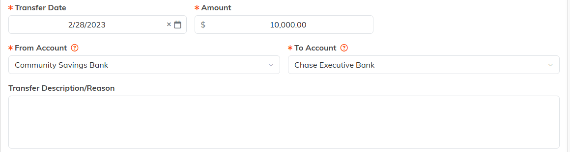 The Account Transfer Details form showing Transfer Date, Amount, From Account, To Account and Description